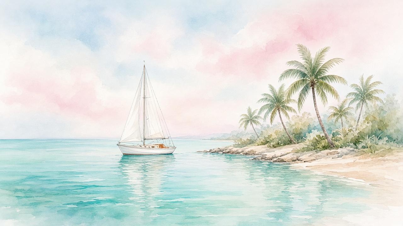Pastel watercolor of turquoise water, a sailboat, and palms